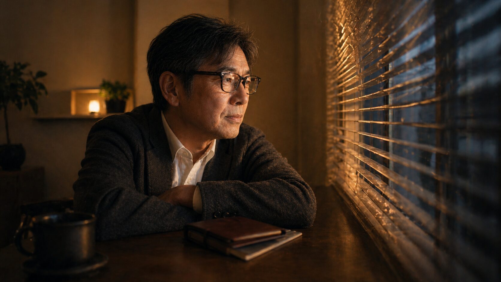 窓辺で物思いにふける年配男性が、お金や復縁の引き寄せについて現実的に考える様子を表したアイキャッチ画像