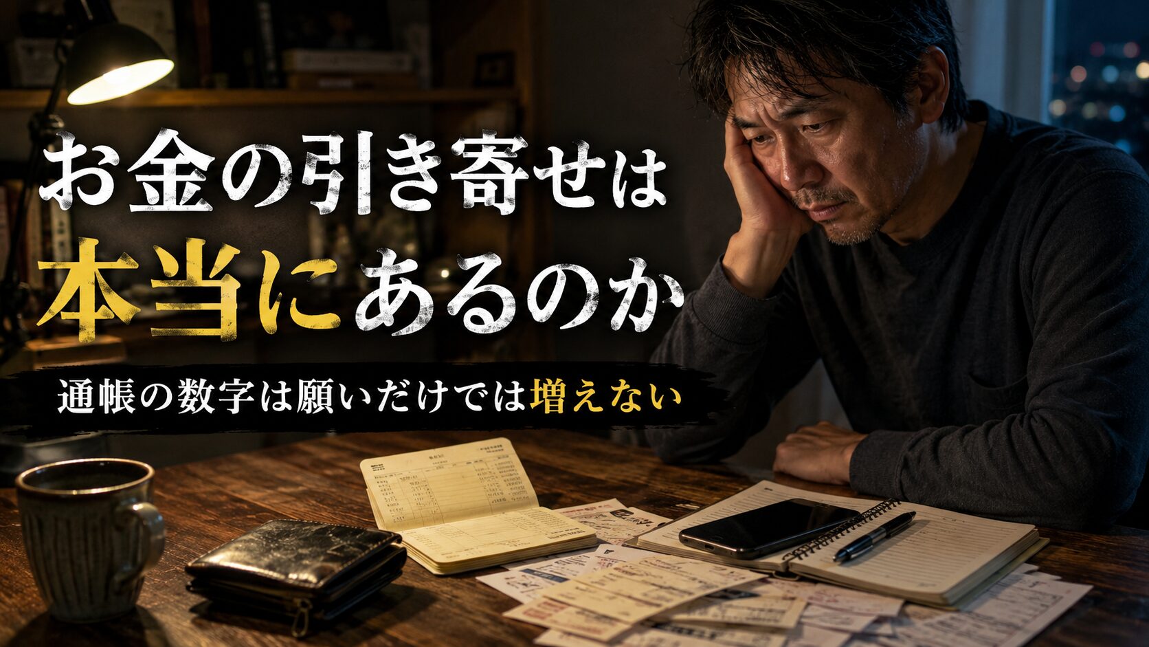 お金の引き寄せは本当にあるのかと悩む男性が、通帳や請求書を前に現実のお金と向き合うアイキャッチ画像